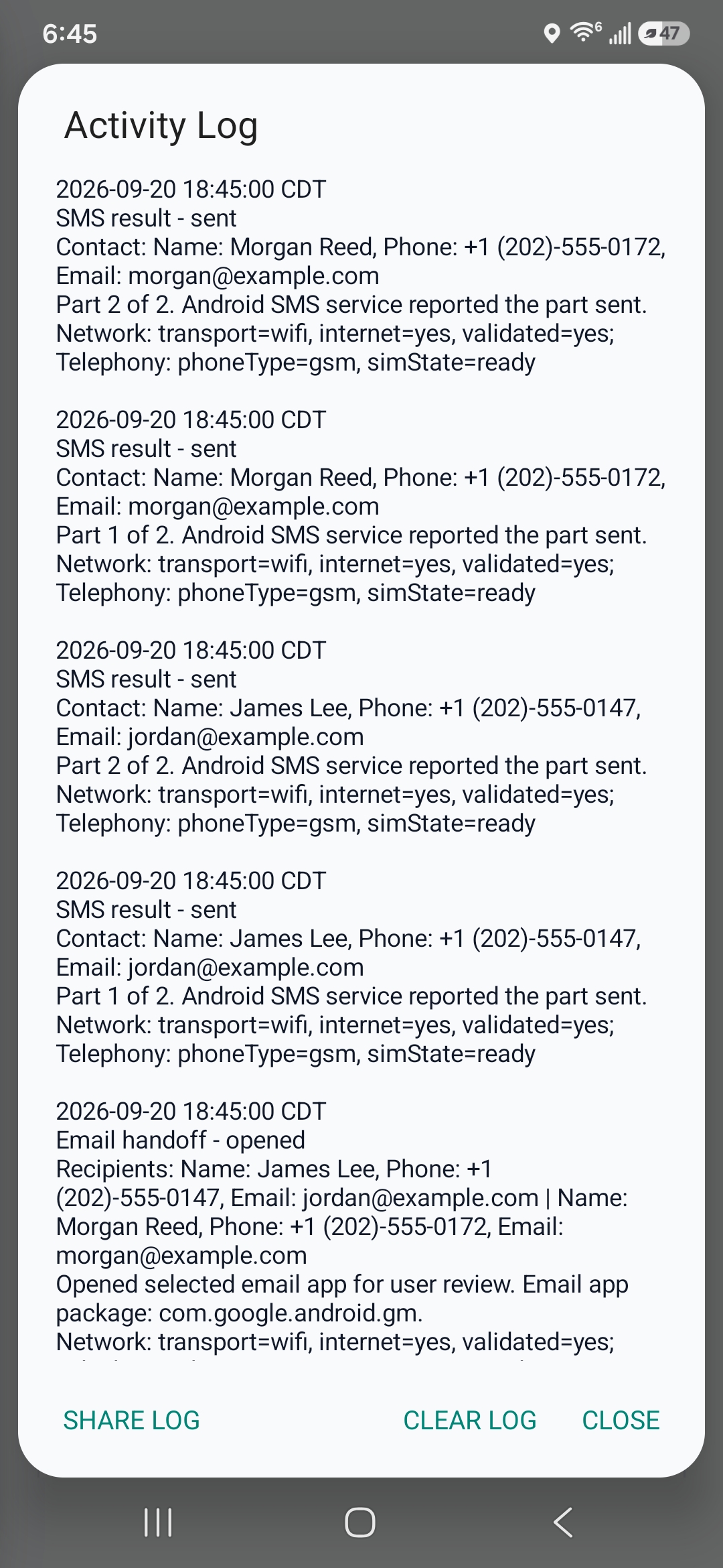 Private on-device activity log with recent SMS results