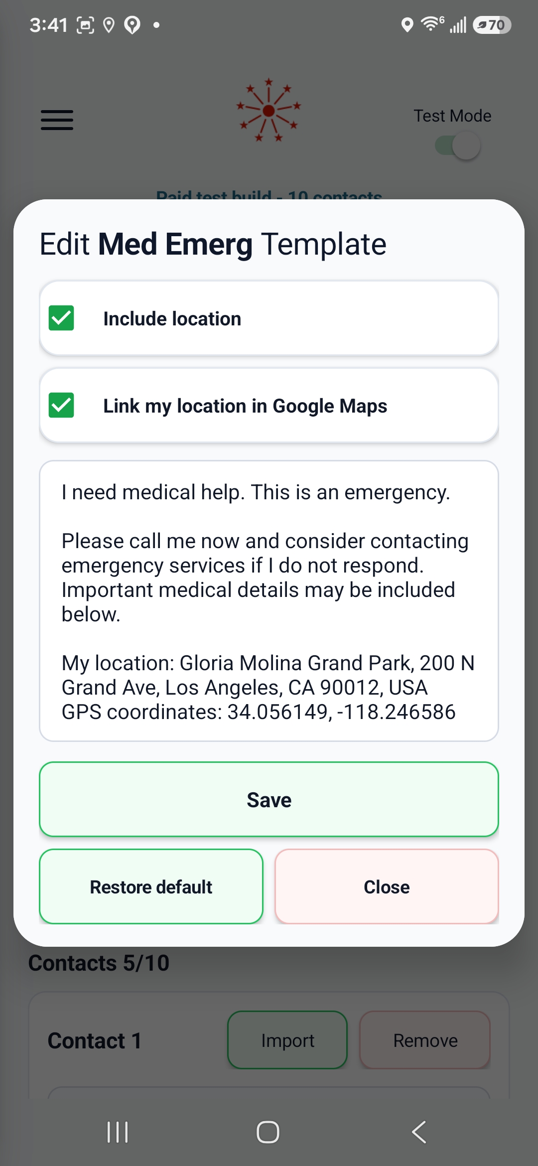 Nvr Alone emergency alert screen with a prepared message and current location