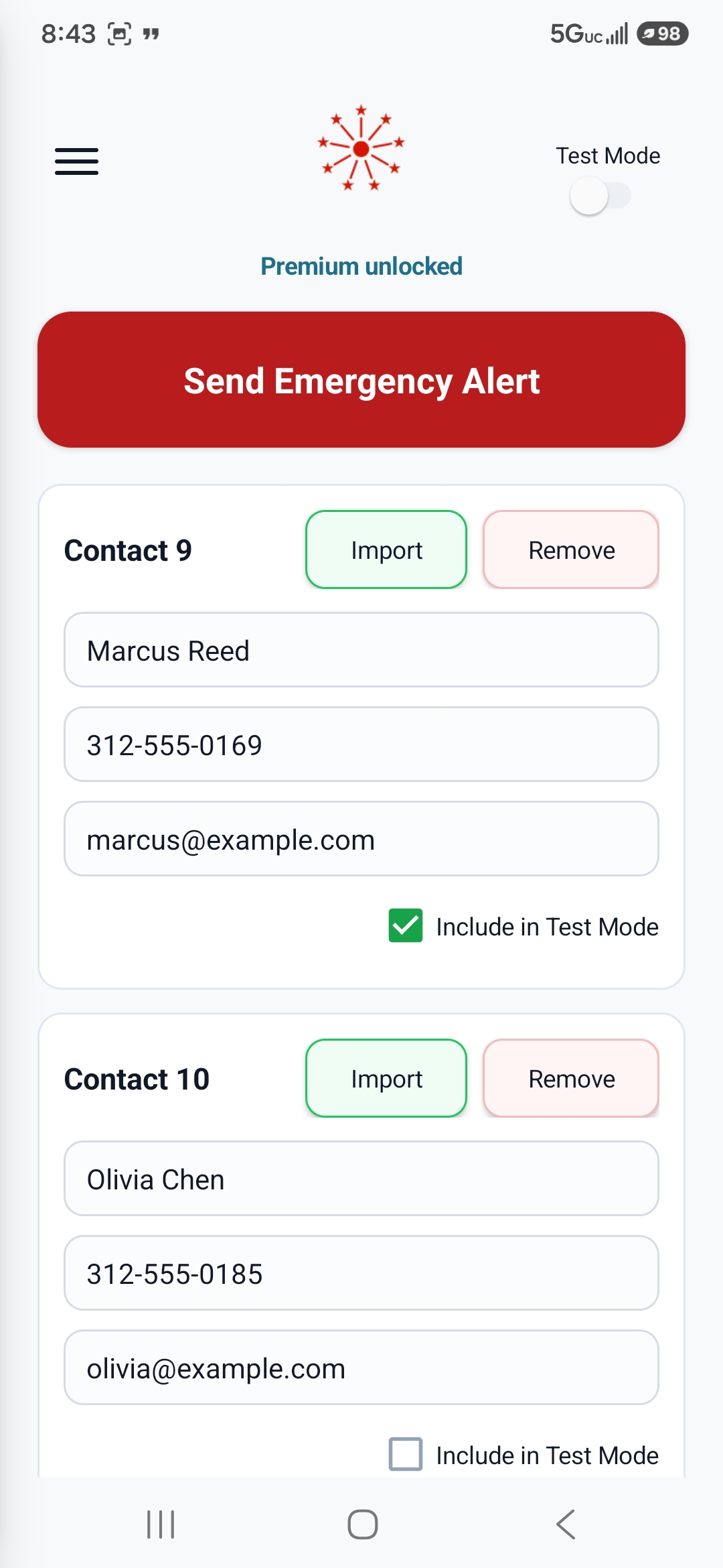 Trusted contact screen with two saved contacts