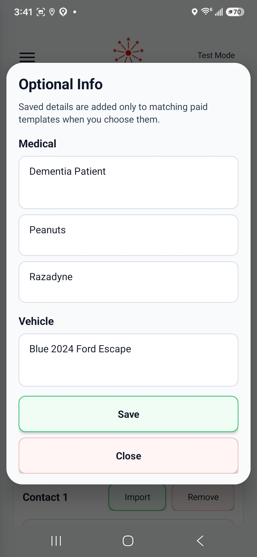 Nvr Alone Test Mode screen with a test alert and template choices